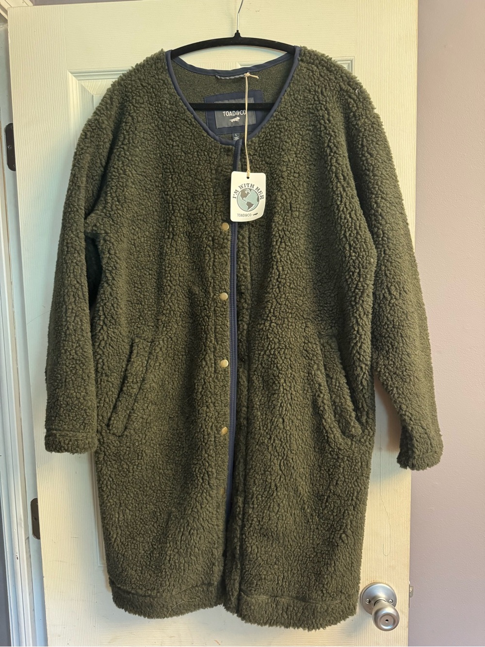 Toad&Co Olive Green Sherpa Coatigan with Navy Trim size L